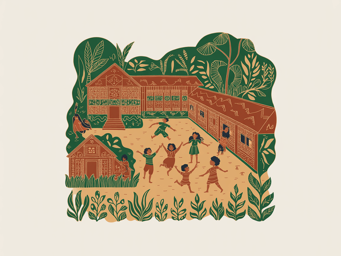 Folk art illustration of the Seeway Academy compound and children