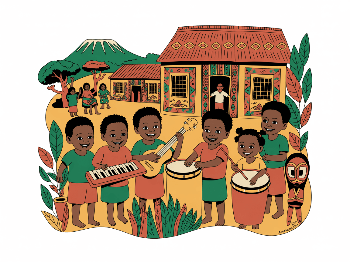 Folk art illustration of Seeway Tanzania children and community in Arusha