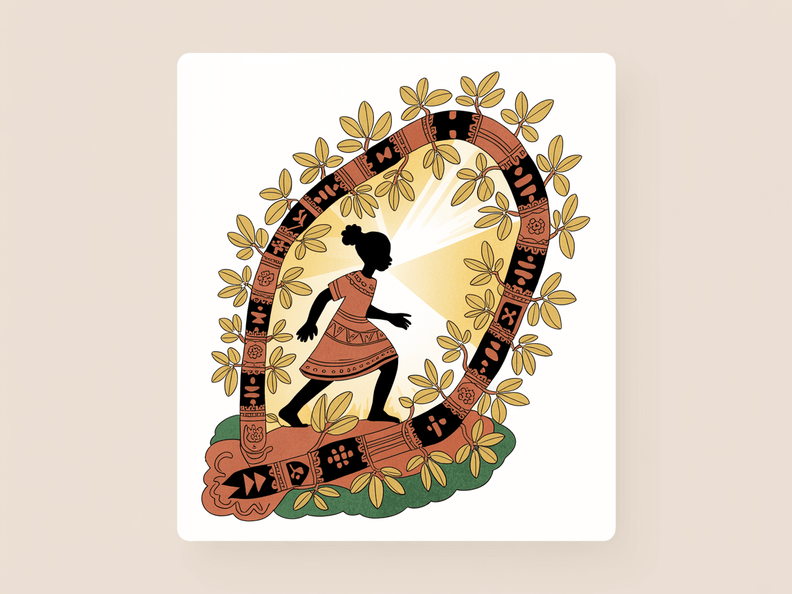 Folk art illustration representing liberation and empowerment for Trokosi girls in the Volta region