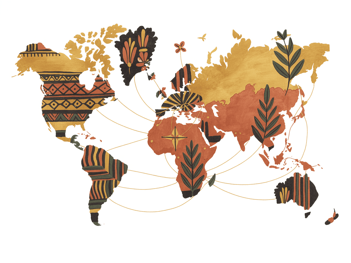 Folk art world map showing Seeway Trust's connections from Devon to Ghana, Ukraine, Zimbabwe, and Tanzania