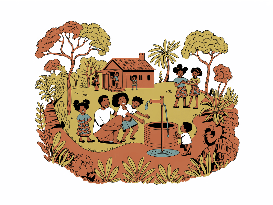 Folk art illustration of the Rehoboth Ministry community in Bulawayo
