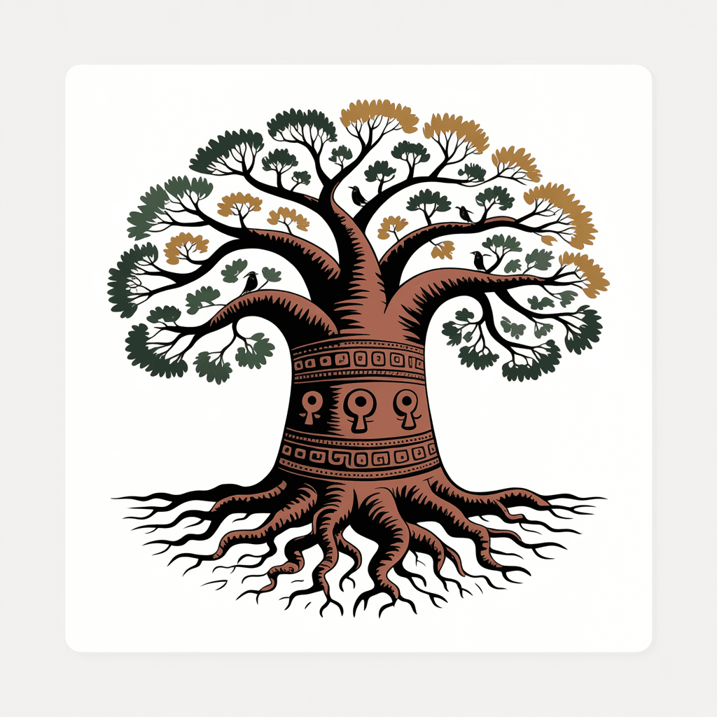 Folk art rooted tree illustration representing Seeway Trust's long-term commitment